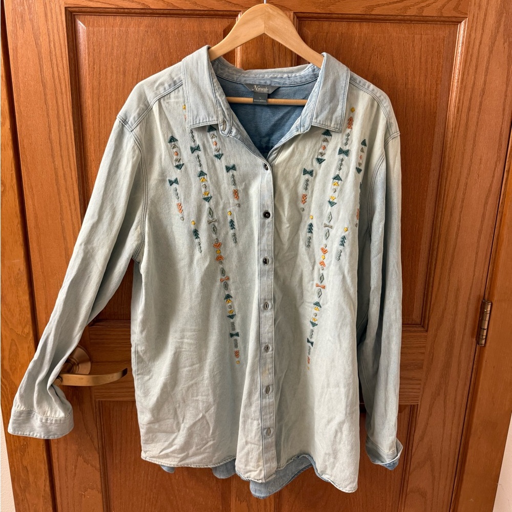 Natural Reflections Light Blue Embroidered Button-Up Top
